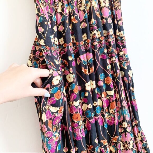 Anthropologie Quilted Floral Maxi Dress Black Size XS Flowy Bohemian Square Neck - Picture 8 of 12